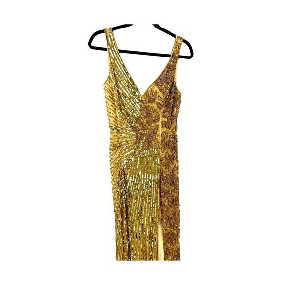Mac Duggal 5473 High Slit Embellished Sequins Dress Gold Size 12 NWT - Picture 10 of 12